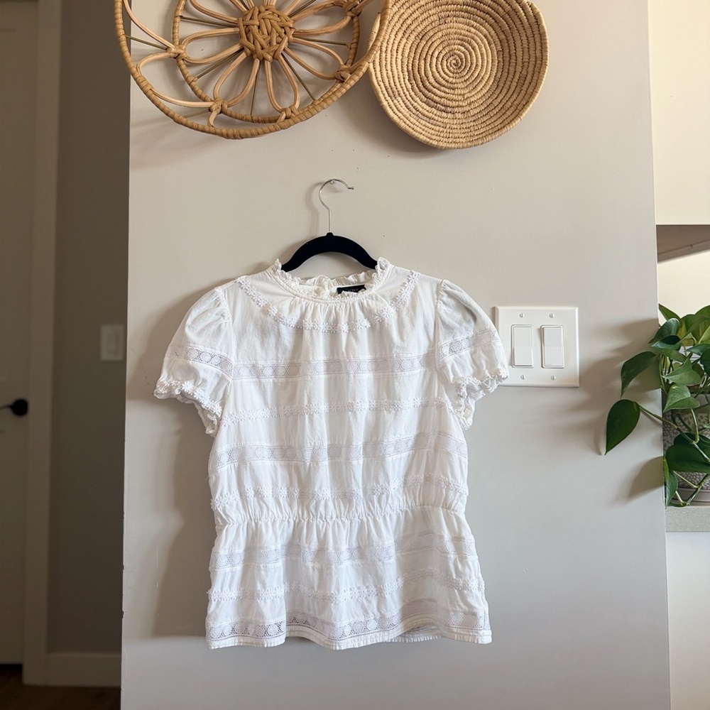 J. Crew White Eyelet Ruffled Neck Blouse